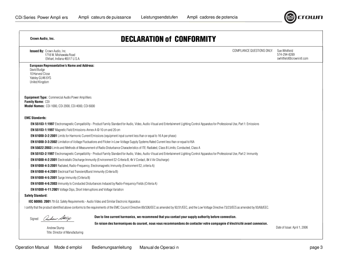 Crown Audio CDi 6000 Crown Audio, Inc, European Representative’s Name and Address, Family Name CDi, EMC Standards 