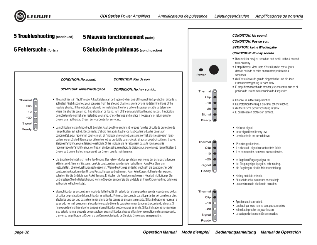 Crown Audio CDi 4000, CDi 2000, CDi 1000, CDi 6000 operation manual Fehlersuche forts, Solución de problemas continuación 