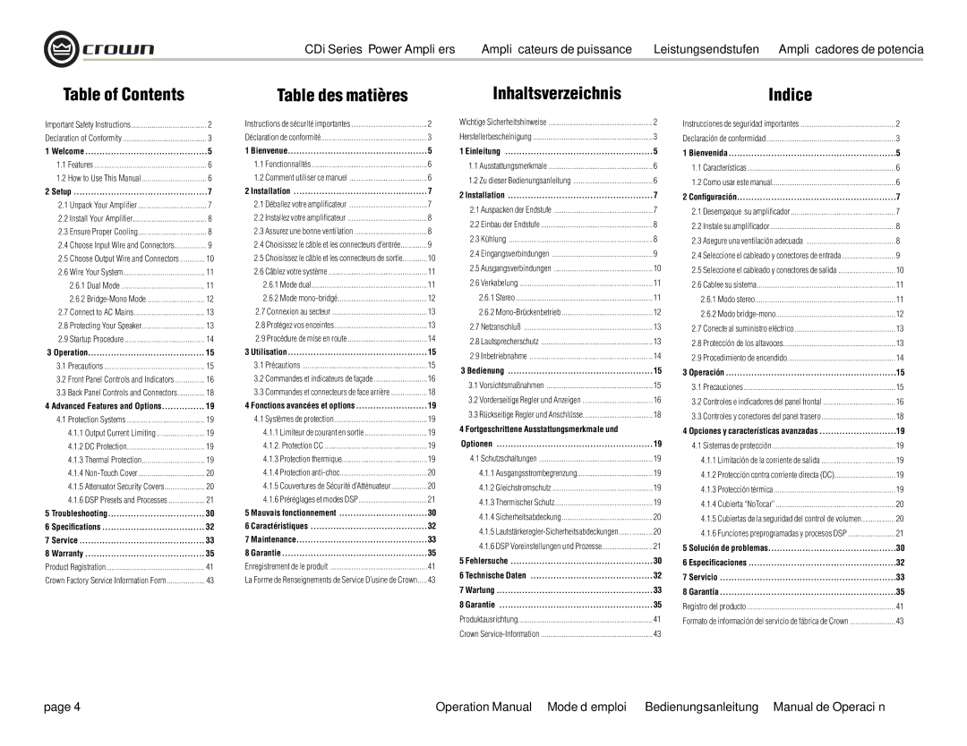 Crown Audio CDi 4000, CDi 2000, CDi 1000, CDi 6000 operation manual InhaltsverzeichnisIndice, Table des matières 