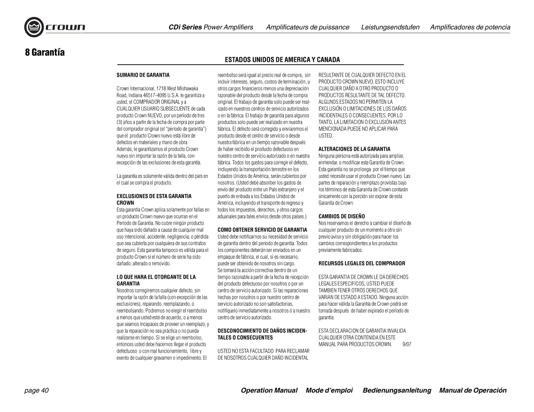 Crown Audio CDi 4000, CDi 2000, CDi 1000, CDi 6000 operation manual Garantía, Estados Unidos DE America Y Canada 
