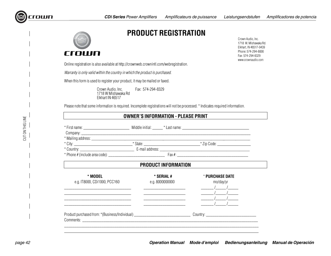 Crown Audio CDi 1000, CDi 4000, CDi 2000, CDi 6000 Model Serial # Purchase Date, Crown Audio, Inc, Fax, Mishawaka Rd 