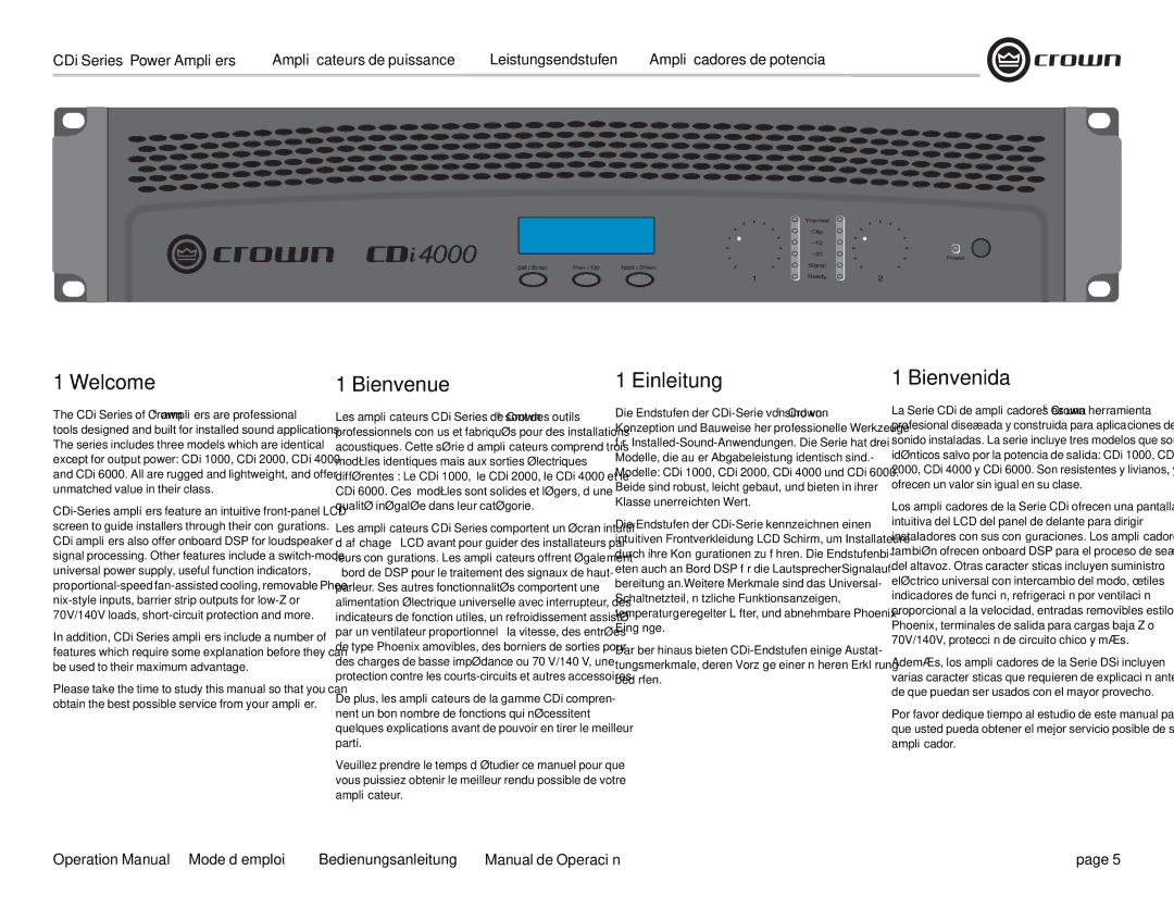 Crown Audio CDi 2000, CDi 4000, CDi 1000, CDi 6000 operation manual Welcome, Bienvenue, Einleitung, Bienvenida 