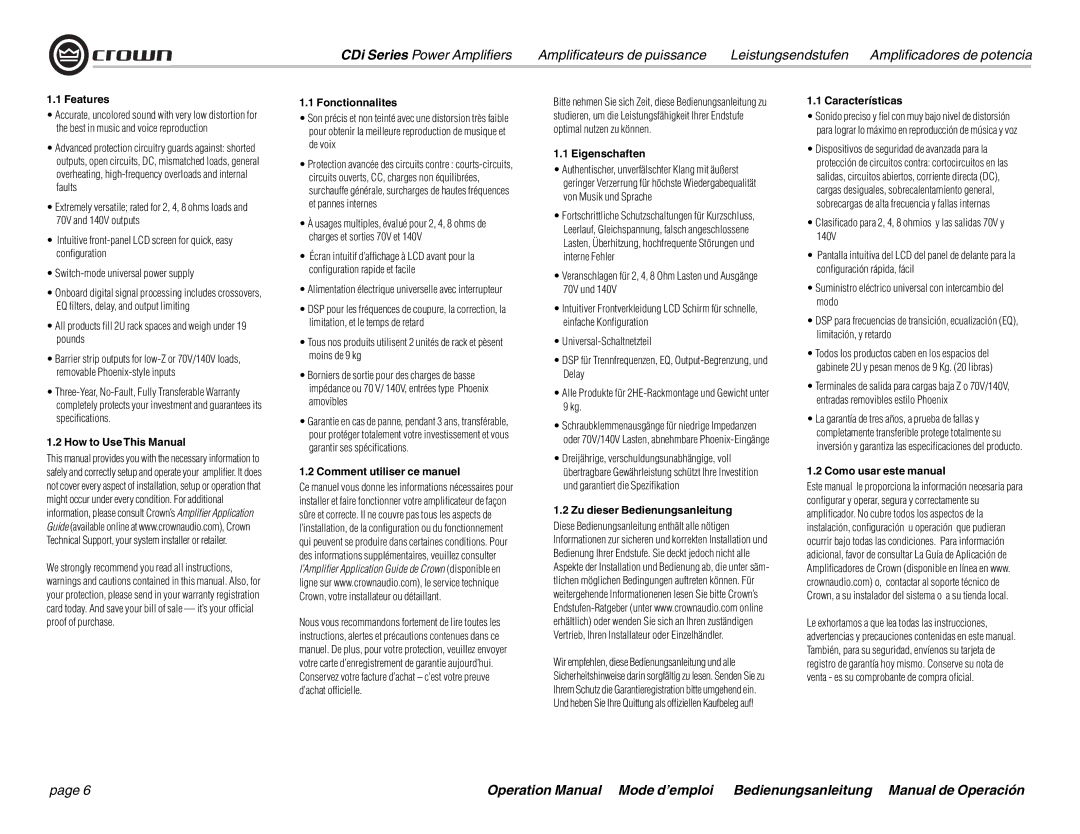 Crown Audio CDi 1000 Features, How to Use This Manual, Fonctionnalites, Comment utiliser ce manuel, Eigenschaften 