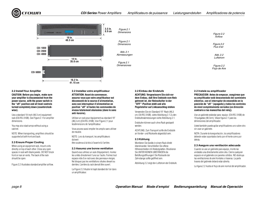 Crown Audio CDi 4000 InstallYour Ampliﬁer, Ensure Proper Cooling, Installez votre ampliﬁcateur, Einbau der Endstufe 