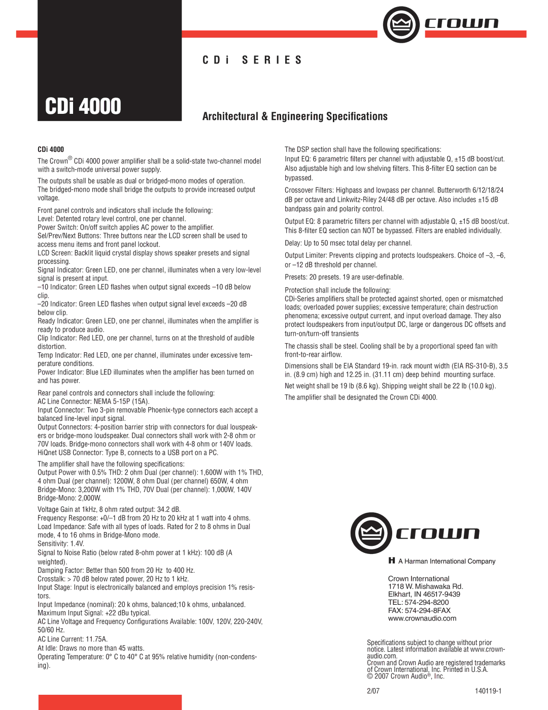 Crown Audio CDi 2000, CDi 4000, CDi 1000, CDi 6000 operation manual Serie CDi 