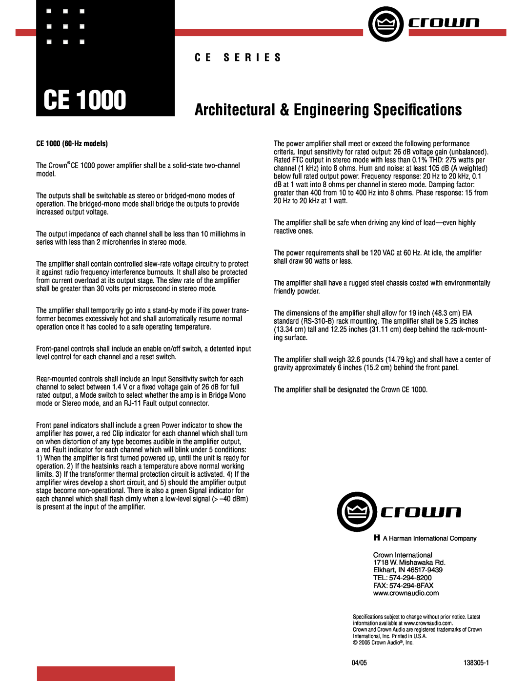 Crown Audio CE 1000 A. & E specifications Architectural & Engineering Speciﬁcations, C E S E R I E S, CE 1000 60-Hzmodels 