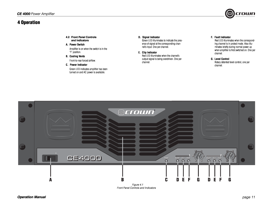 Crown Audio ce 4000 Operation, CE 4000 Power Ampliﬁer, page, A.Power Switch, C.Power Indicator, D.Signal Indicator 
