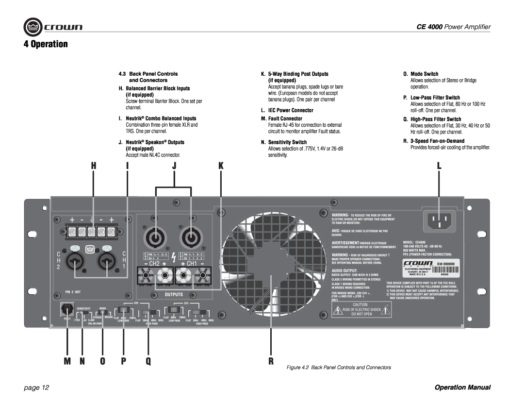 Crown Audio ce 4000 operation manual Operation, CE 4000 Power Ampliﬁer, page, 4.3Back Panel Controls and Connectors 