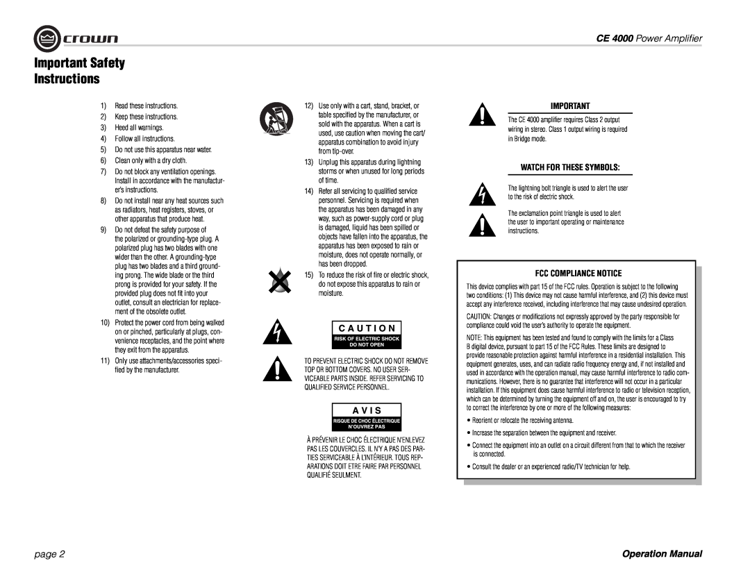 Crown Audio ce 4000 operation manual Important Safety Instructions, CE 4000 Power Ampliﬁer, page 