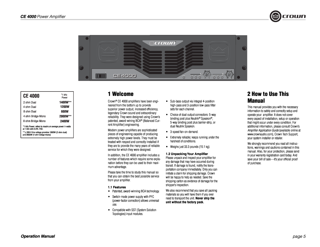Crown Audio ce 4000 operation manual Welcome, How to Use This Manual, CE 4000 Power Ampliﬁer, page, Features 