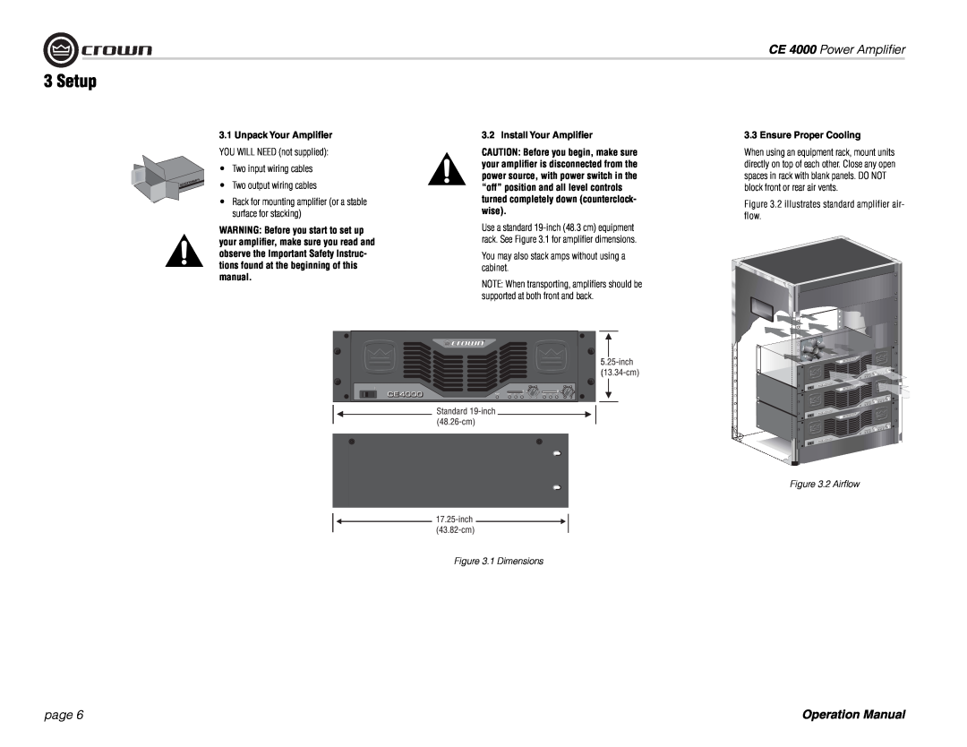 Crown Audio ce 4000 operation manual Setup, CE 4000 Power Ampliﬁer, page, Unpack Your Ampliﬁer, Install Your Ampliﬁer 