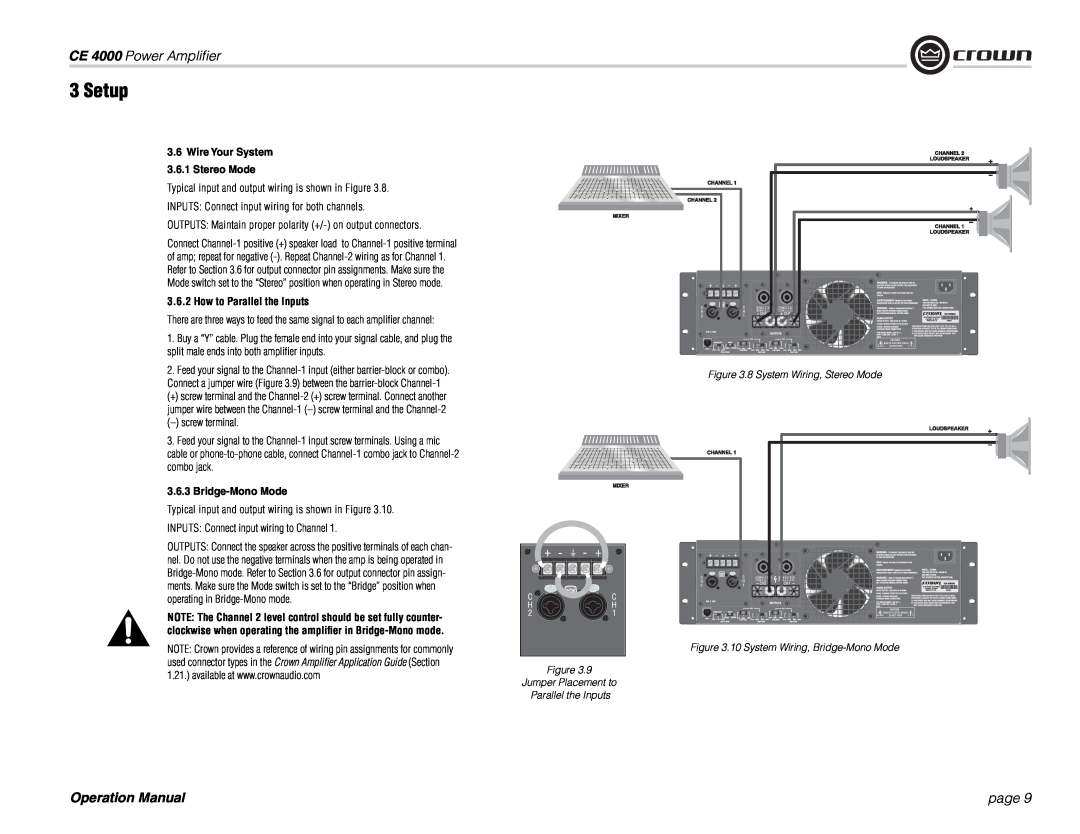 Crown Audio ce 4000 operation manual Setup, CE 4000 Power Ampliﬁer, page, How to Parallel the Inputs 