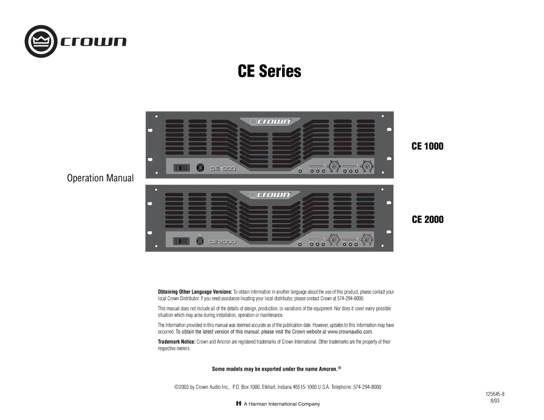 Crown Audio CE Series operation manual Some models may be exported under the name Amcron 