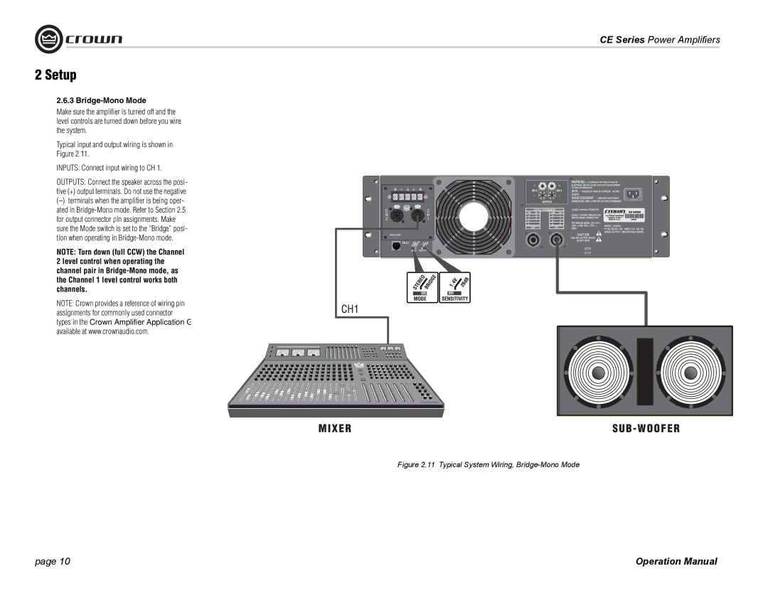 Crown Audio CE Series operation manual Typical System Wiring, Bridge-Mono Mode 