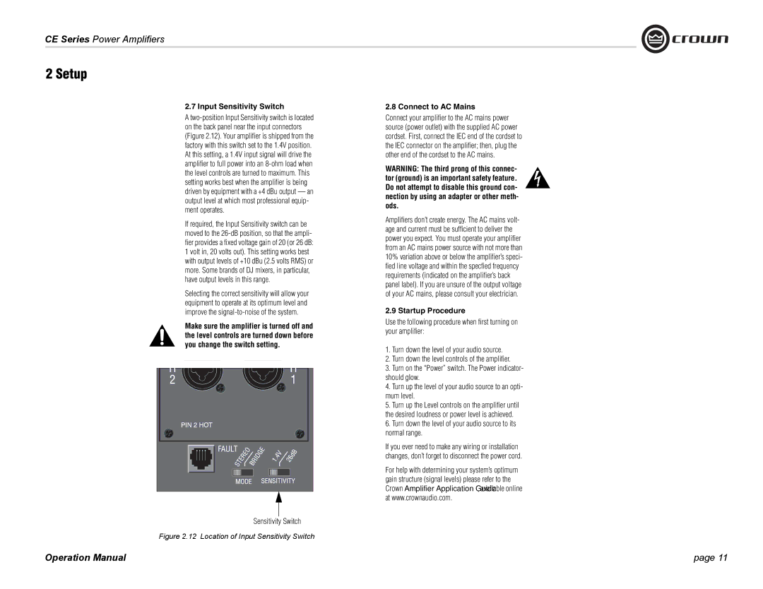 Crown Audio CE Series operation manual Input Sensitivity Switch, Startup Procedure 