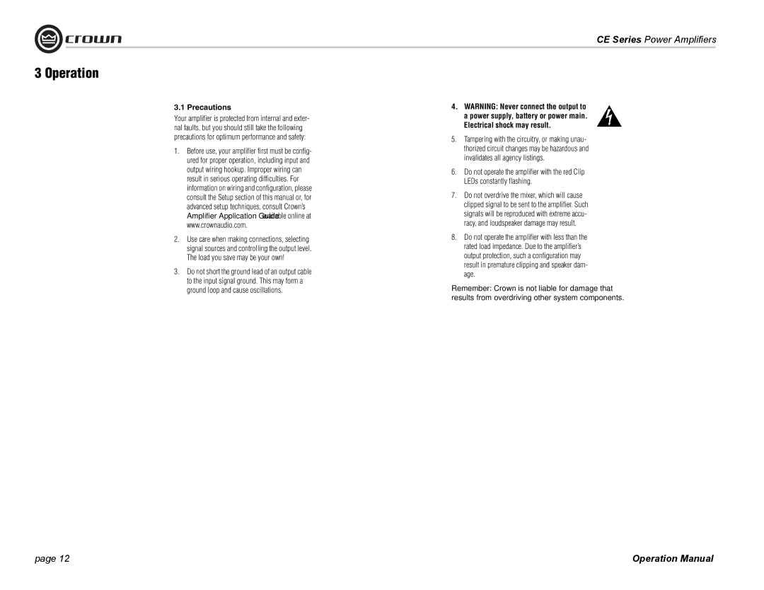 Crown Audio CE Series operation manual Operation, Precautions 