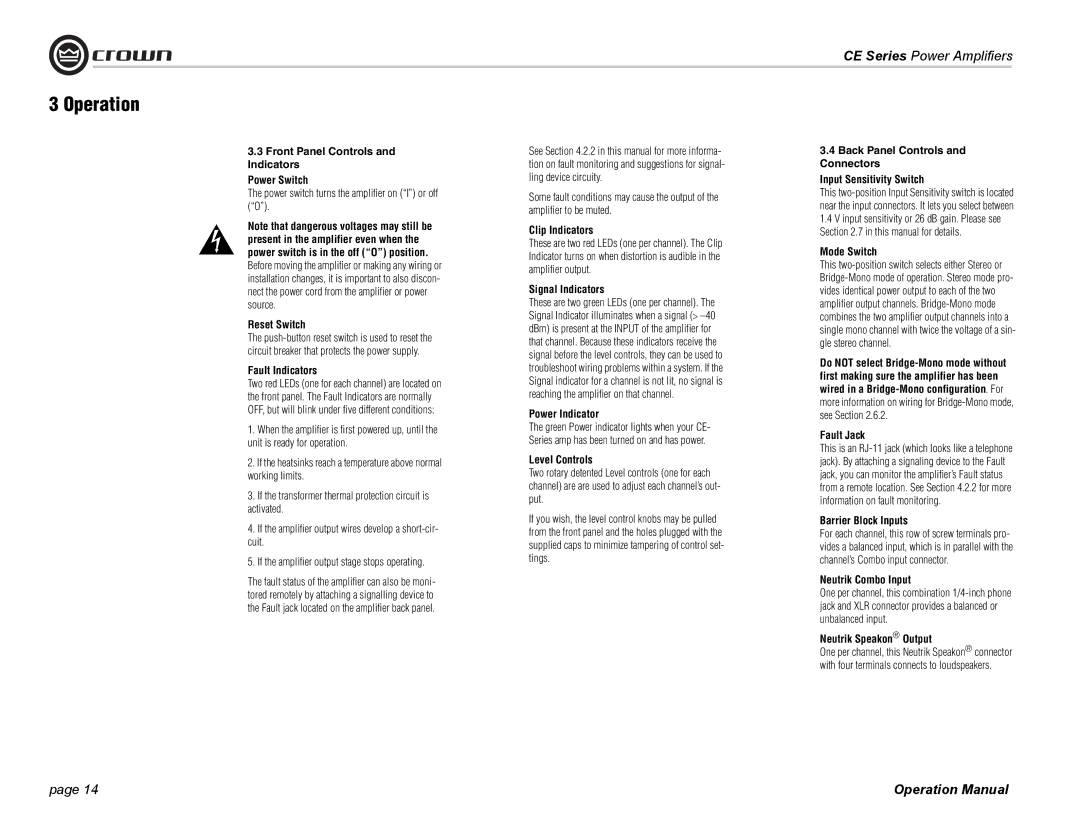 Crown Audio CE Series Front Panel Controls Indicators Power Switch, Reset Switch, Fault Indicators, Clip Indicators 