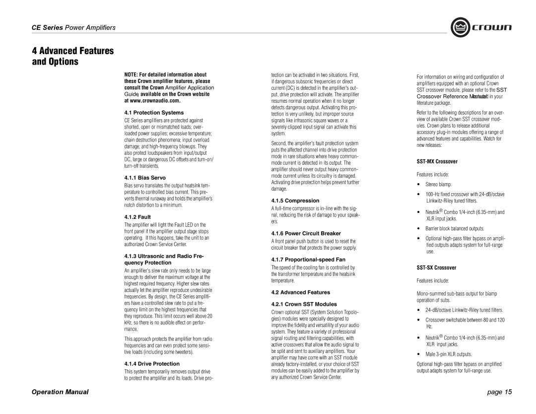 Crown Audio CE Series operation manual Advanced Features Options 