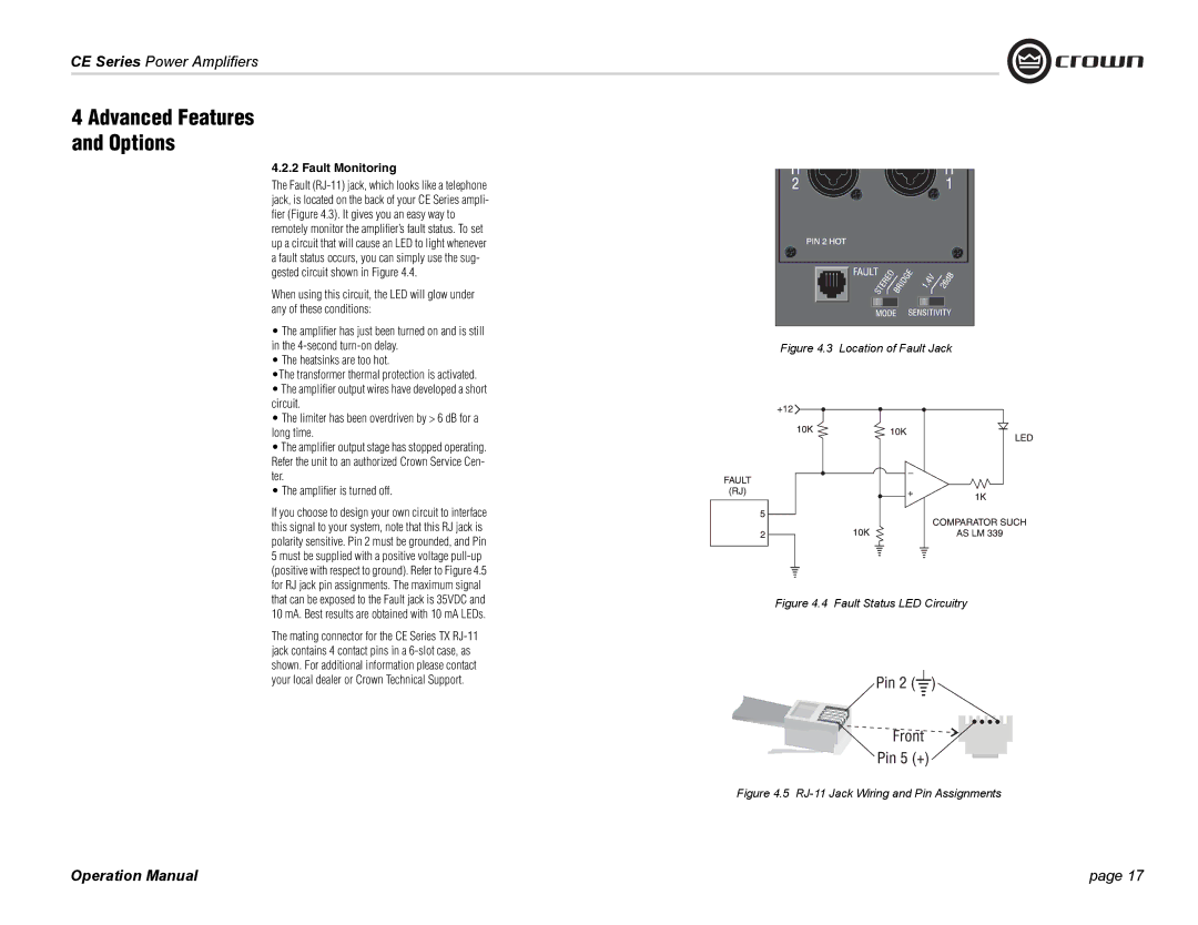 Crown Audio CE Series operation manual Fault Monitoring, Location of Fault Jack 