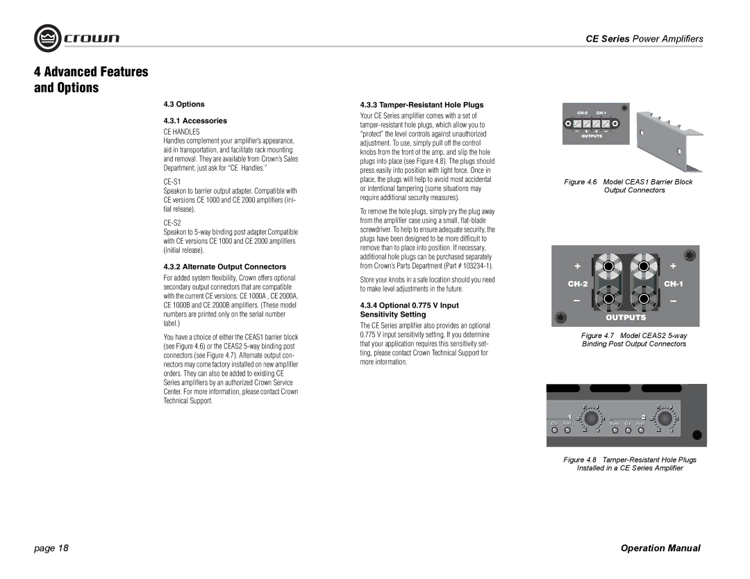 Crown Audio CE Series operation manual Options Accessories, Alternate Output Connectors, Tamper-Resistant Hole Plugs 