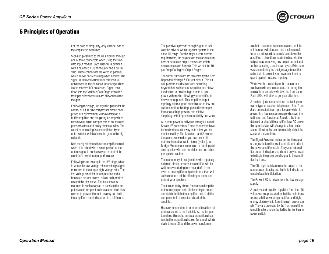 Crown Audio CE Series operation manual Principles of Operation, Power LED is driven from the low-voltage supply 