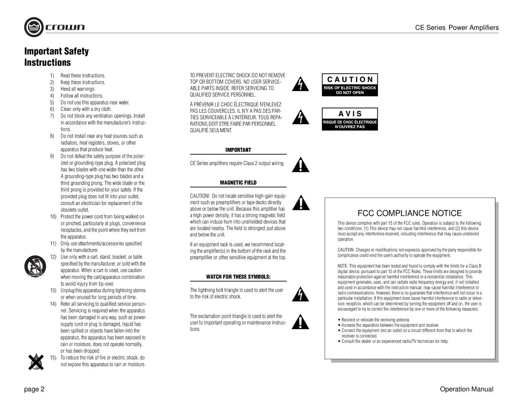 Crown Audio CE Series Important Safety Instructions, Use only with a cart, stand, bracket, or table, Magnetic Field 