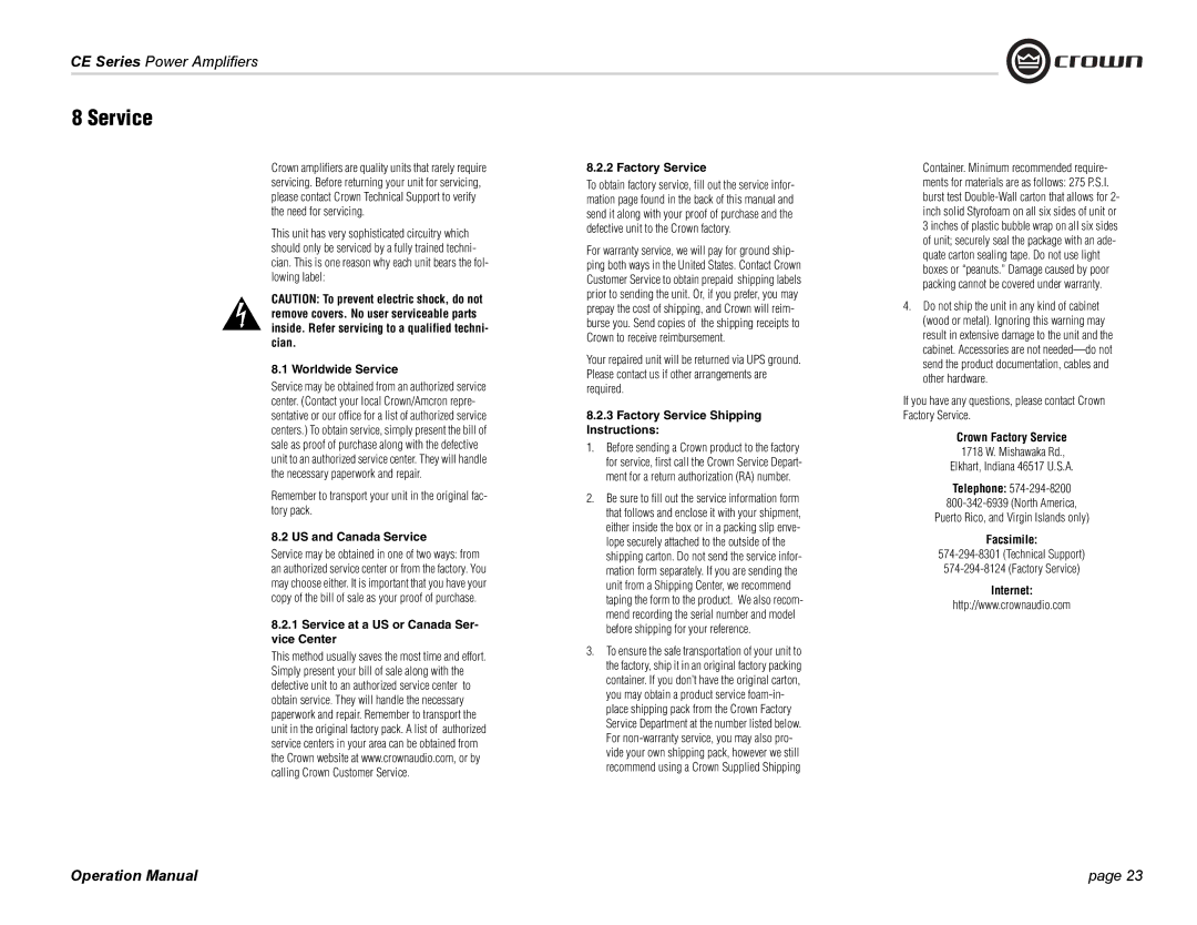 Crown Audio CE Series operation manual Service 