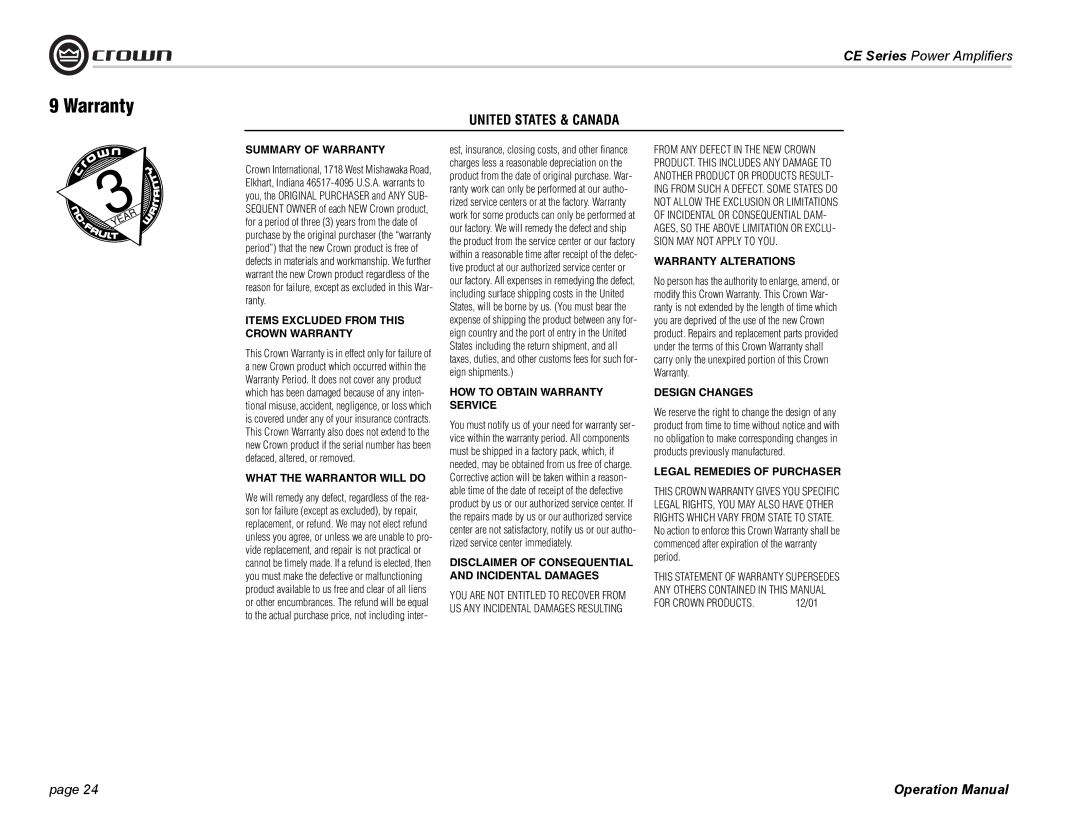 Crown Audio CE Series operation manual Warranty 