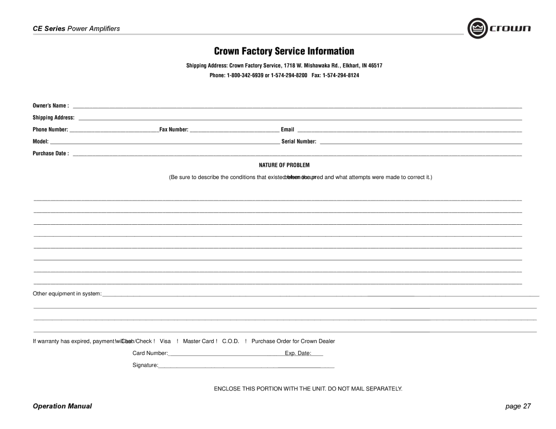 Crown Audio CE Series operation manual Crown Factory Service Information, Nature of Problem 