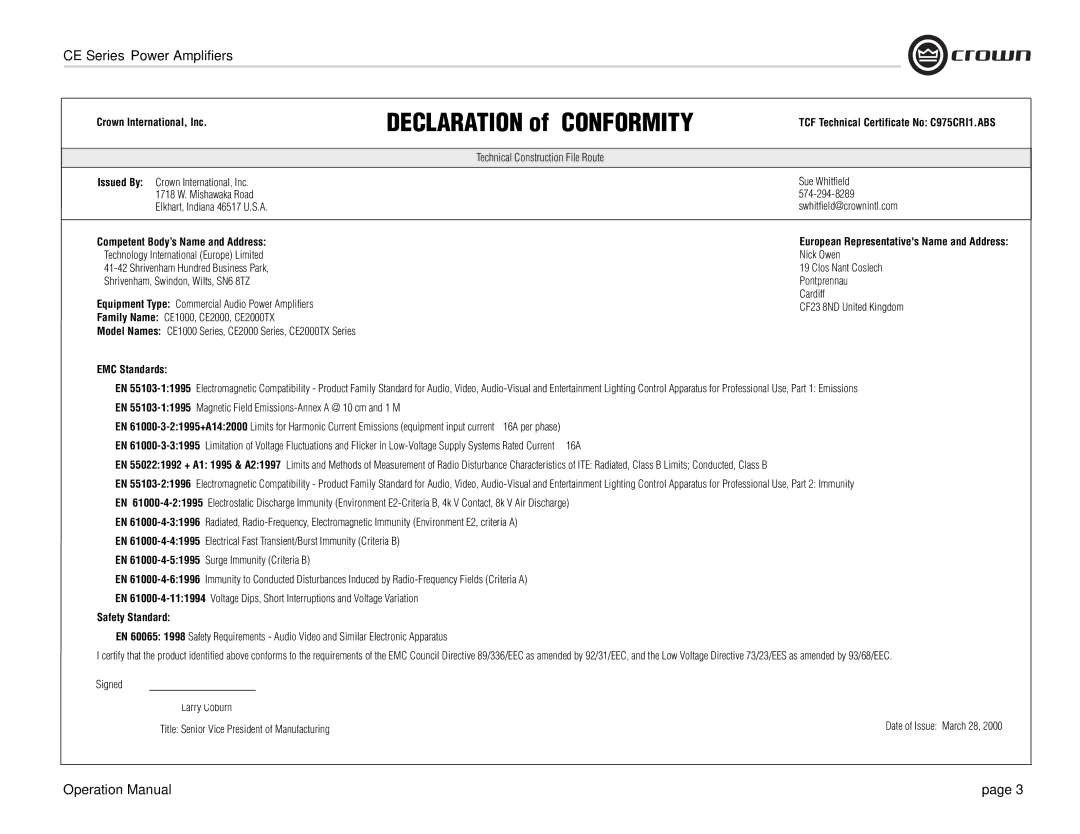 Crown Audio CE Series Crown International, Inc, TCF Technical Certificate No C975CRI1.ABS, EMC Standards, Safety Standard 