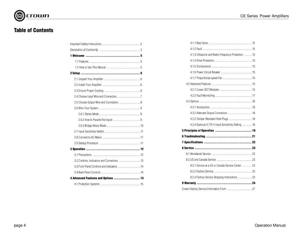 Crown Audio CE Series operation manual Table of Contents 