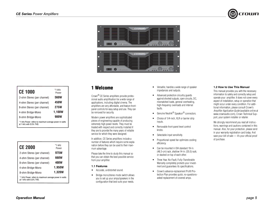 Crown Audio CE Series operation manual Welcome, Features, Accurate, undistorted sound, How to Use This Manual 