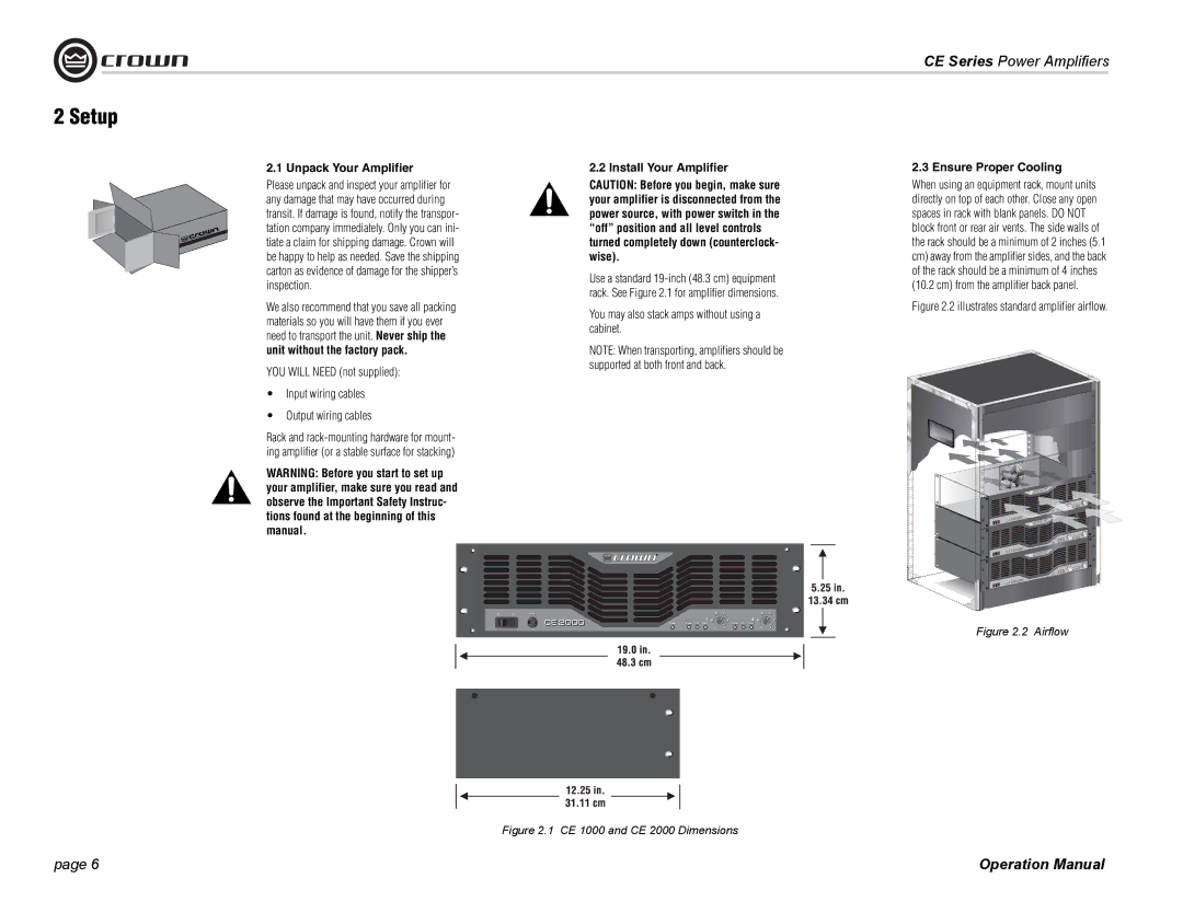 Crown Audio CE Series Setup, Unpack Your Amplifier Install Your Amplifier, You may also stack amps without using a cabinet 