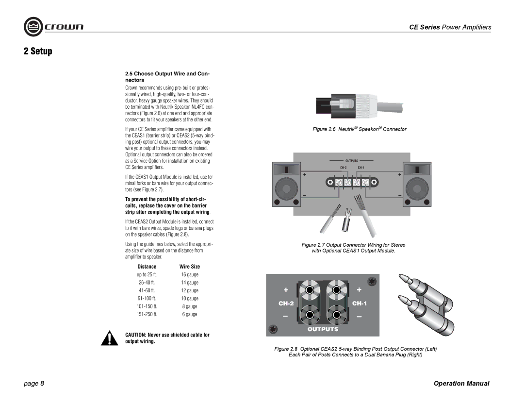 Crown Audio CE Series operation manual Choose Output Wire and Con- nectors, Neutrik Speakon Connector 