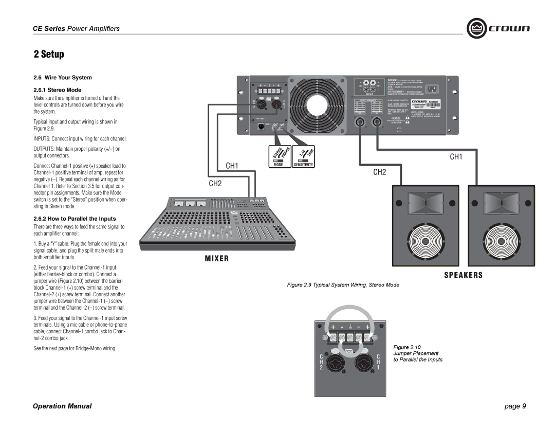 Crown Audio CE Series Wire Your System Stereo Mode, How to Parallel the Inputs, See the next page for Bridge-Mono wiring 