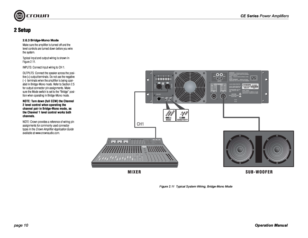 Crown Audio operation manual 2Setup, 2.6.3Bridge-MonoMode, CE Series Power Amplifiers, page 