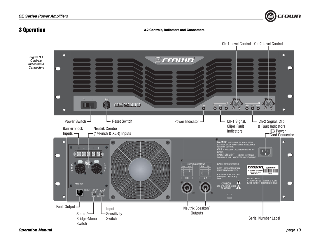 Crown Audio operation manual Controls, Indicators and Connectors, Operation, CE Series Power Amplifiers, page 