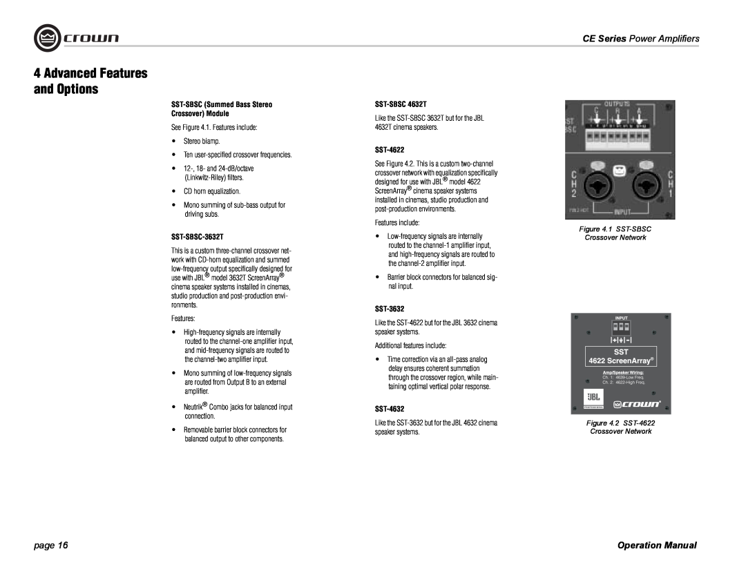 Crown Audio CE Series SST-SBSCSummed Bass Stereo Crossover Module, SST-SBSC-3632T, SST-SBSC4632T, SST-4622, SST-3632, page 