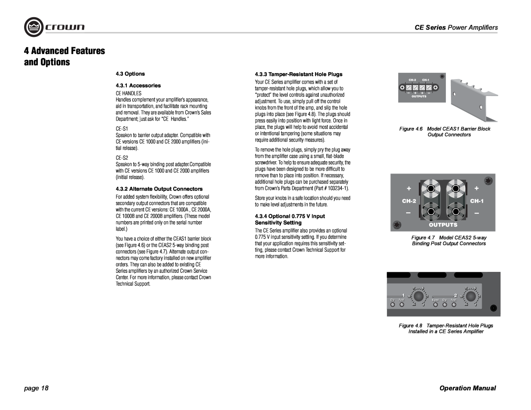 Crown Audio CE Series Options 4.3.1 Accessories, Alternate Output Connectors, Tamper-ResistantHole Plugs, page 