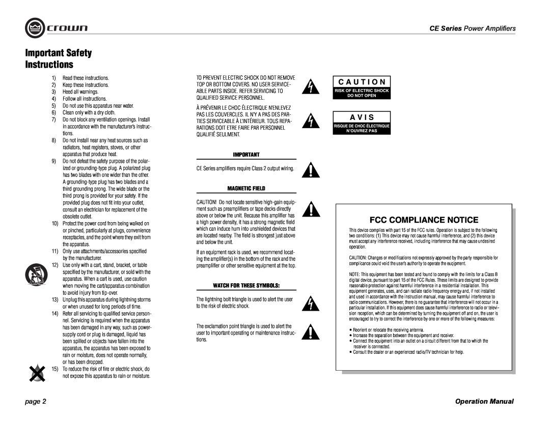 Crown Audio Important Safety Instructions, CE Series Power Amplifiers, page, Magnetic Field, Watch For These Symbols 