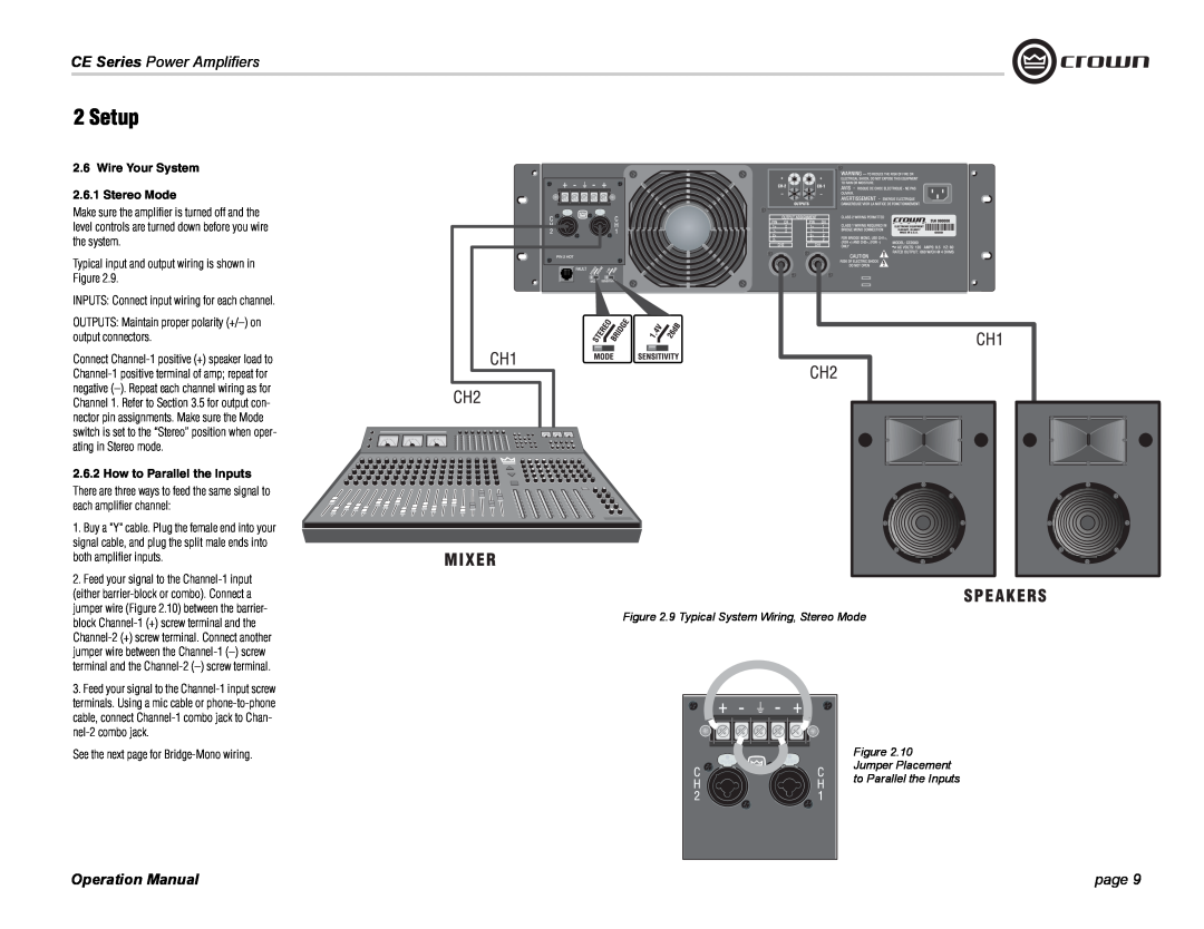 Crown Audio Wire Your System 2.6.1 Stereo Mode, How to Parallel the Inputs, Setup, CE Series Power Amplifiers, page 