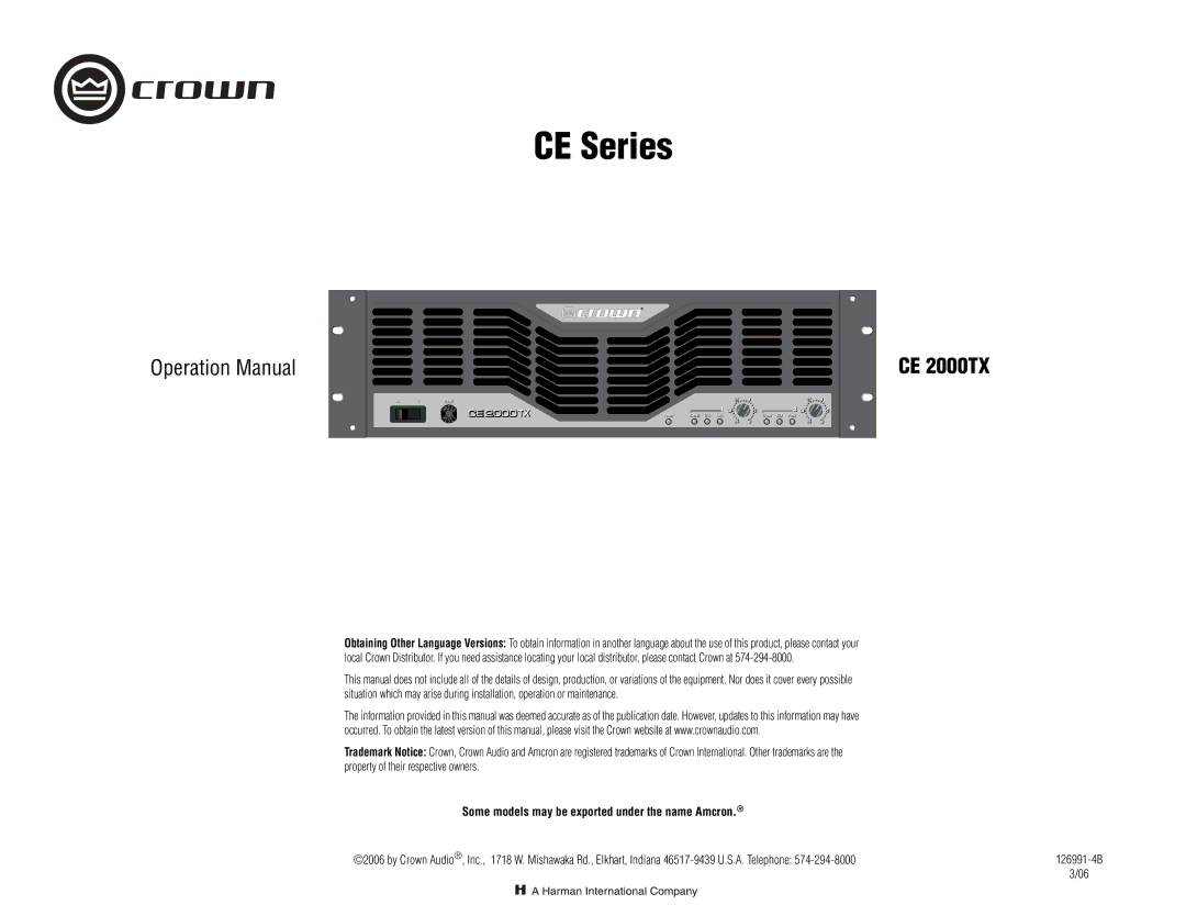 Crown Audio CE2000TX operation manual CE 2000TX, Some models may be exported under the name Amcron 