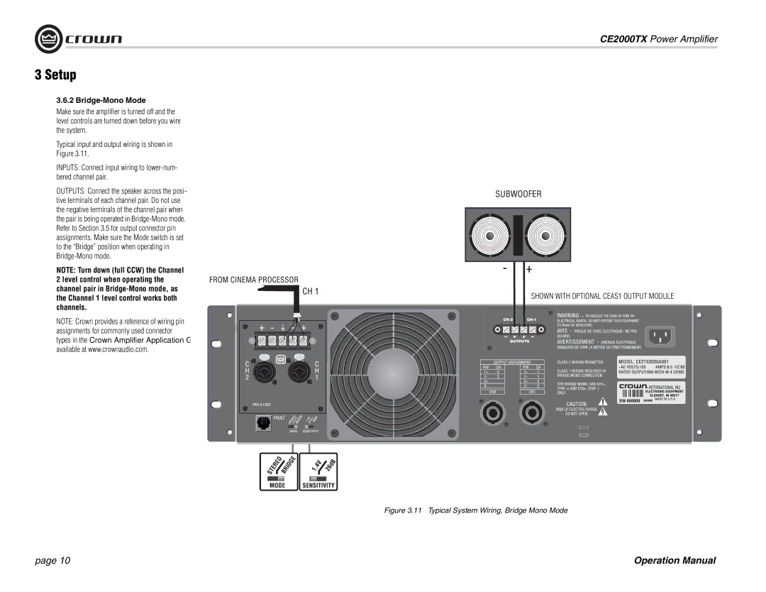 Crown Audio CE2000TX operation manual Bridge-Mono Mode, Typical System Wiring, Bridge Mono Mode 