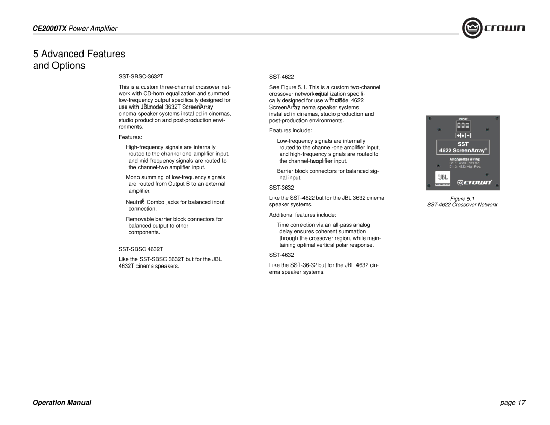 Crown Audio CE2000TX operation manual SST-4622, SST-3632, SST-4632 