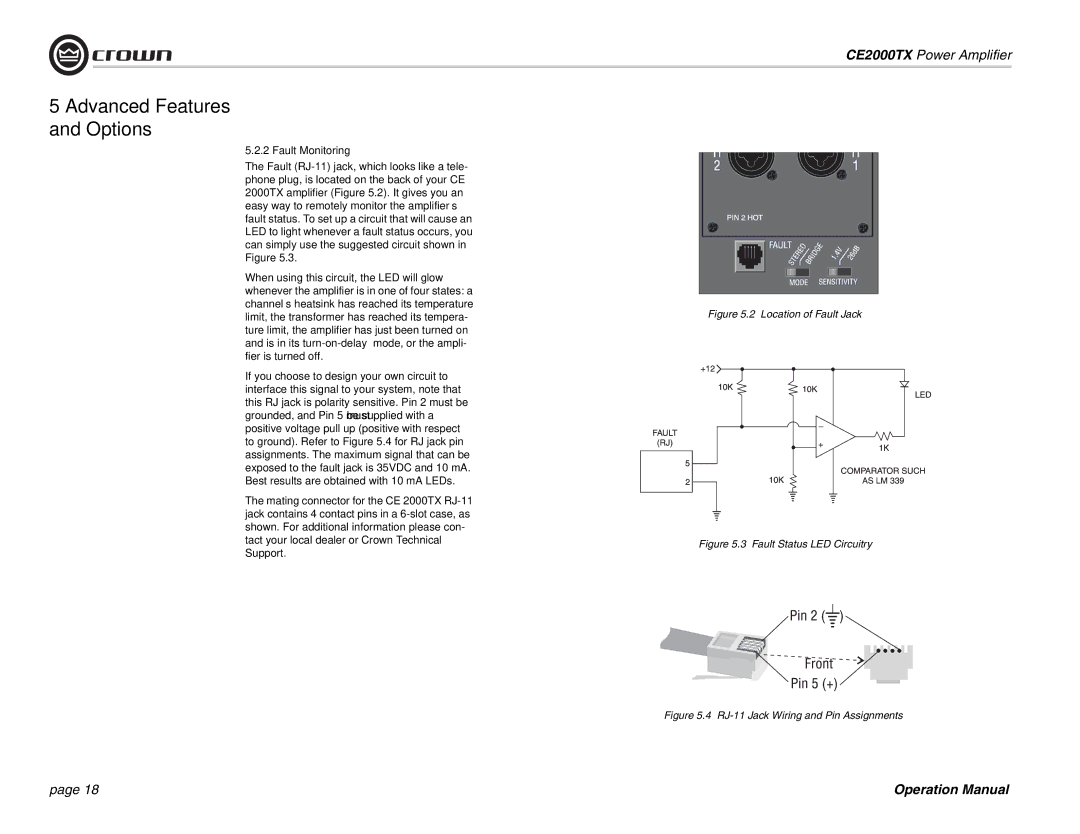 Crown Audio CE2000TX operation manual Fault Monitoring, Location of Fault Jack 