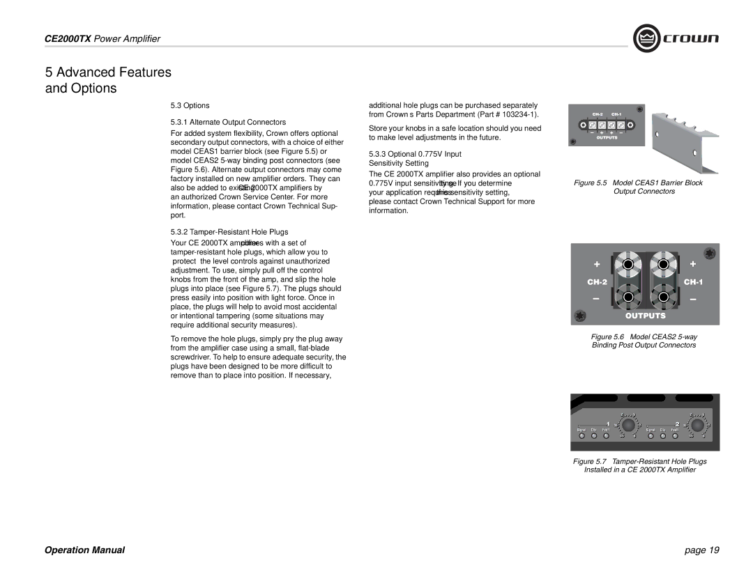 Crown Audio CE2000TX operation manual Options Alternate Output Connectors, Tamper-Resistant Hole Plugs 