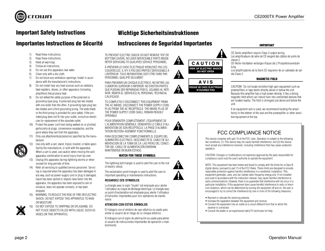 Crown Audio CE2000TX operation manual Important Safety Instructions, Importantes Instructions de Sécurité 