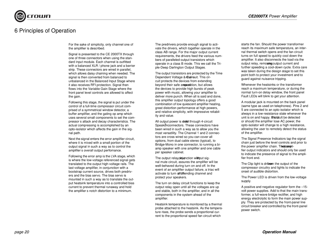 Crown Audio CE2000TX operation manual Principles of Operation, Power LED is driven from the low-voltage supply 