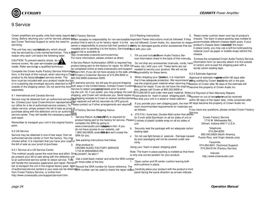 Crown Audio CE2000TX operation manual Service 