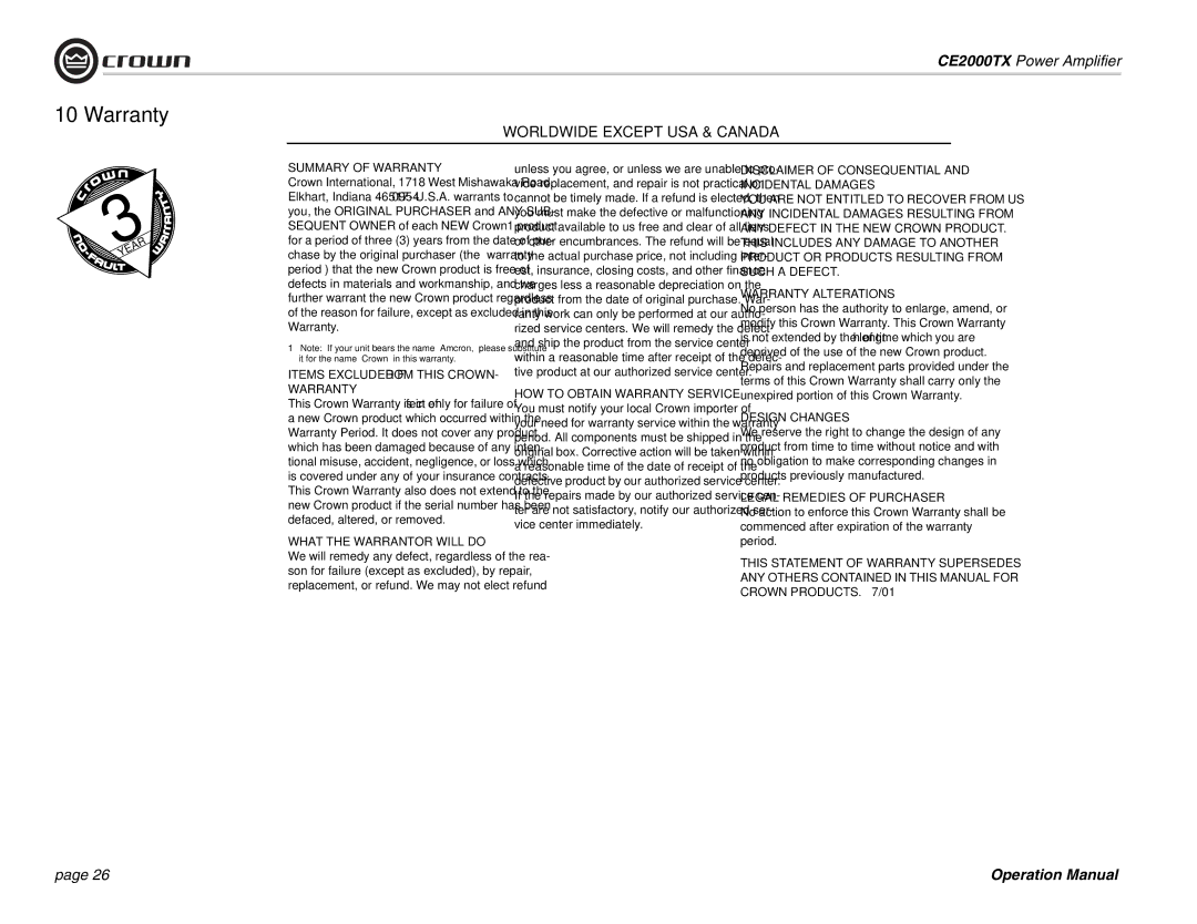 Crown Audio CE2000TX operation manual Worldwide Except USA & Canada 